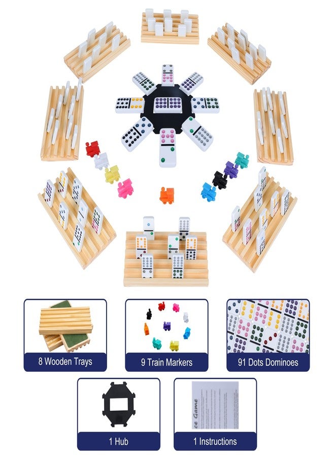 Offelec Mexican Train Dominoes Set with 8 Wooden Holders | Double 12 Dominoes with 91 Color-Coded Tiles & Hub | Domino Tile Board Games for 2-8 Players | Family Board Game for Adults & Kids (D12 + 8 Holders) - Image 2